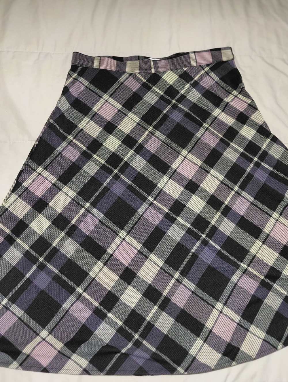 Plaid A-Line Skirt in Black, Lavender & White